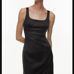 Vintage LORI ANN Petite black satin shift dress square neck back v-neck size 10P